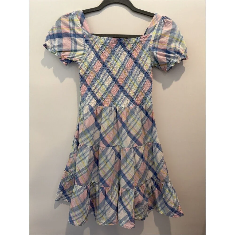 Gymboree Pastel Plaid Smocked Dress Girls Sz 12 100% Cotton Pink Blue Preppy EUC